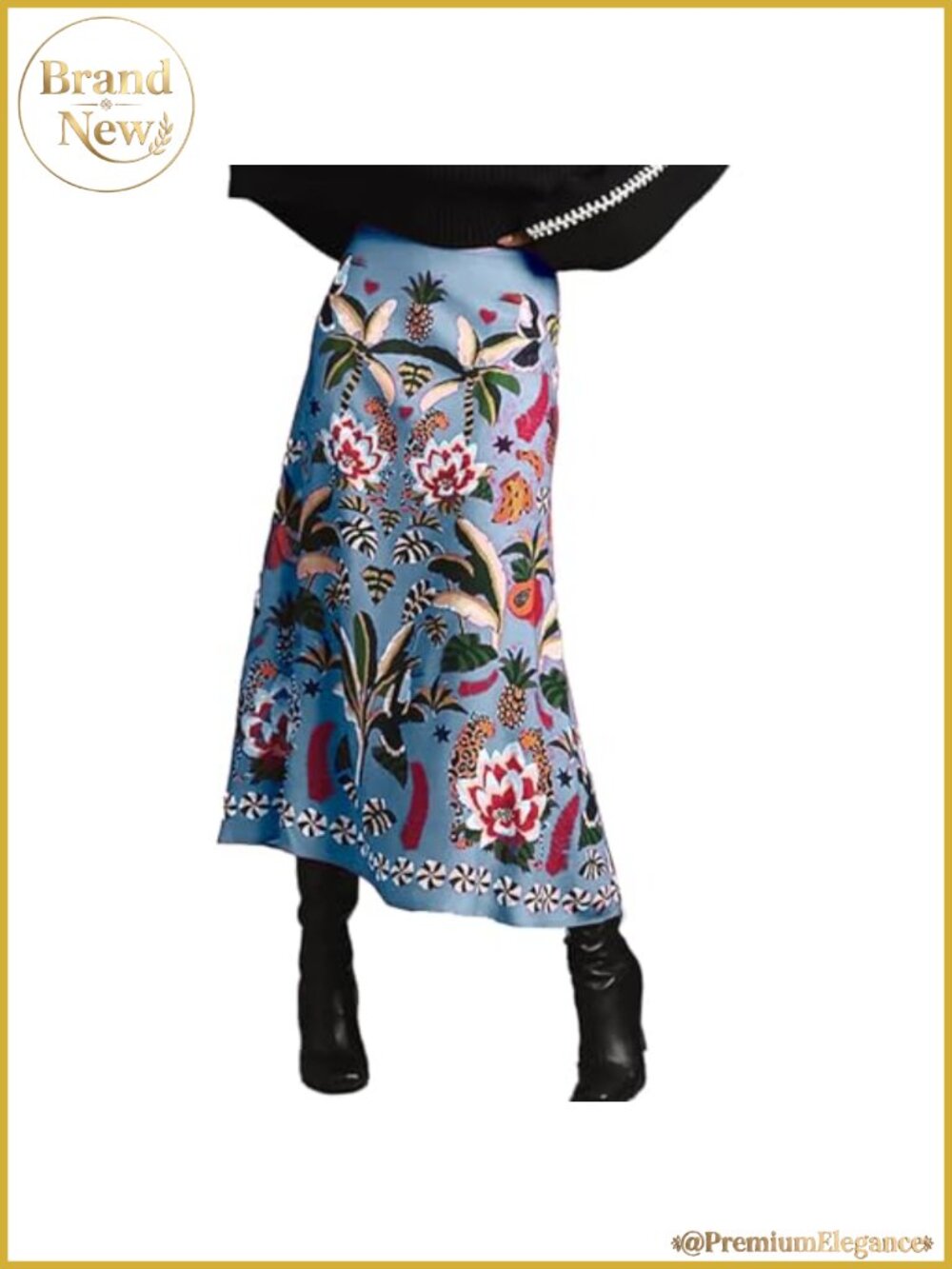 Satin High Waisted Midi Skirt A-Line Tropical Print Flowy Spring Summer